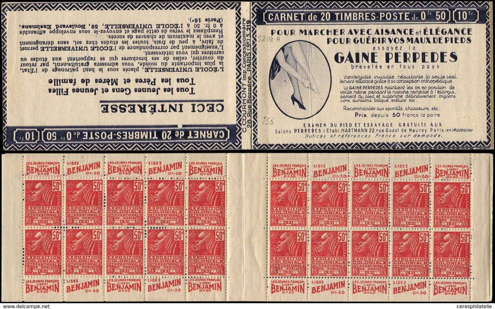 CARNETS (N°Cérès Jusqu'en1964) - 156  Fachi, 50c. Rouge, N°272A, T II, S. 219-A, GAINE PERPEDES, Pli Accordéon En C1, TT - Autres & Non Classés