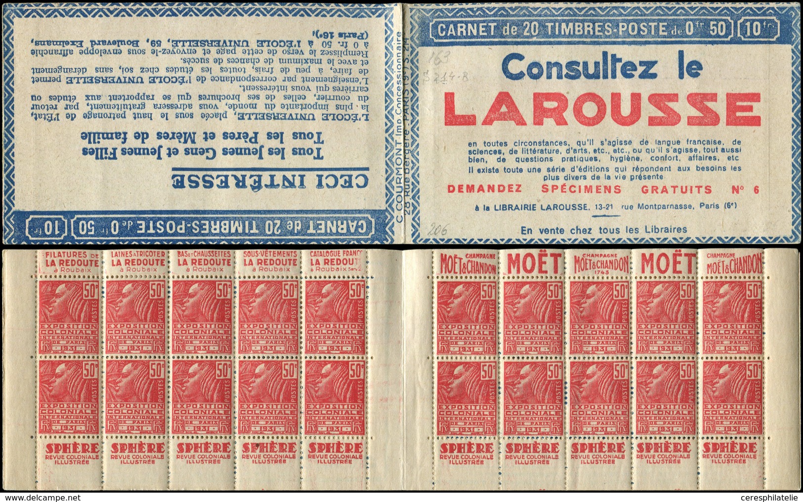 CARNETS (N°Cérès Jusqu'en1964) - 163  Fachi, 50c. Rouge, N°272A, T II, S. 214-B, LAROUSSE, Superbe - Autres & Non Classés