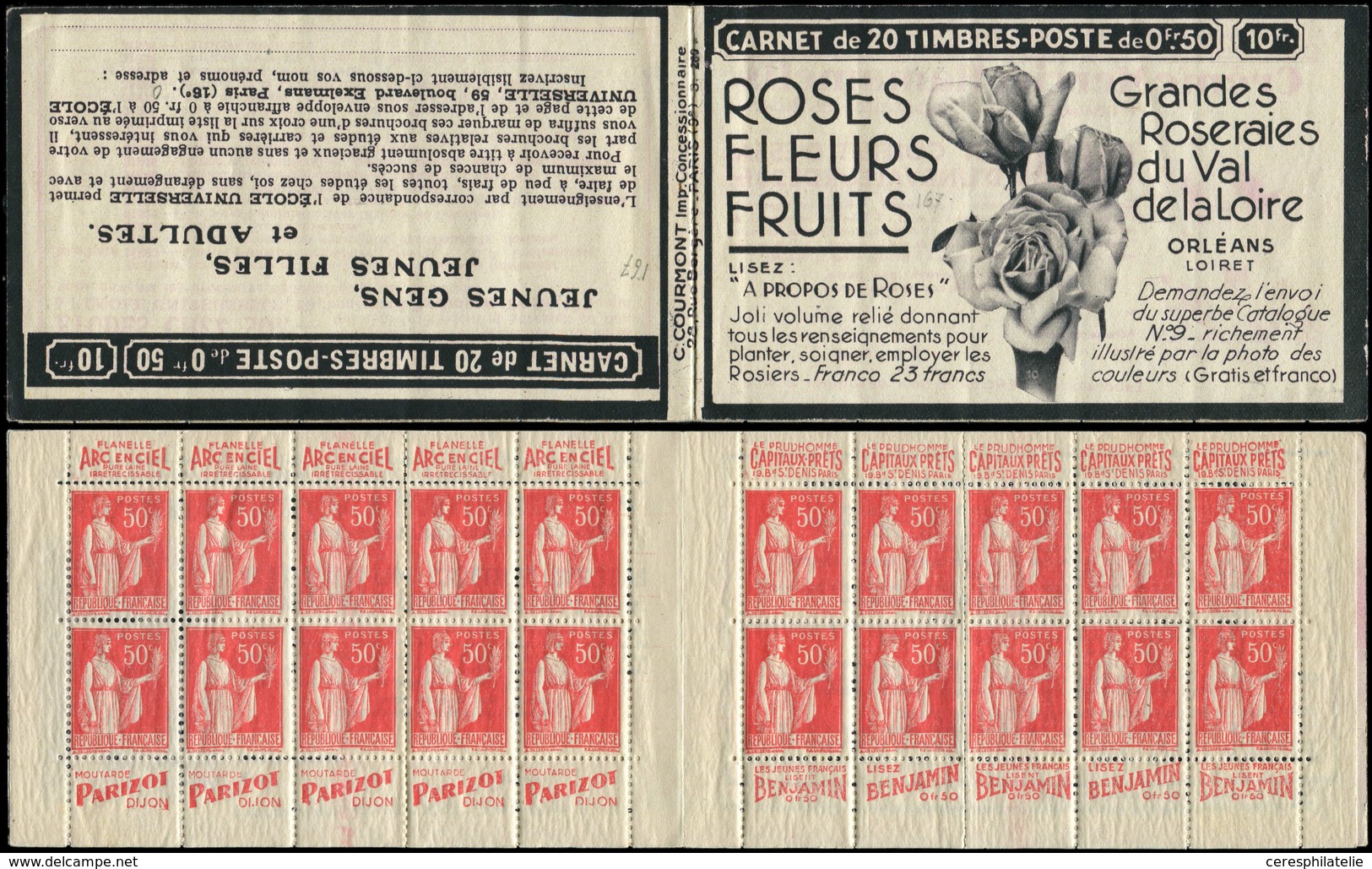 CARNETS (N°Cérès Jusqu'en1964) - 167  Paix, 50c. Rouge, N°283, T I, S. 280, ROSERAIES, Légers Décalques, Amorce De Décou - Autres & Non Classés