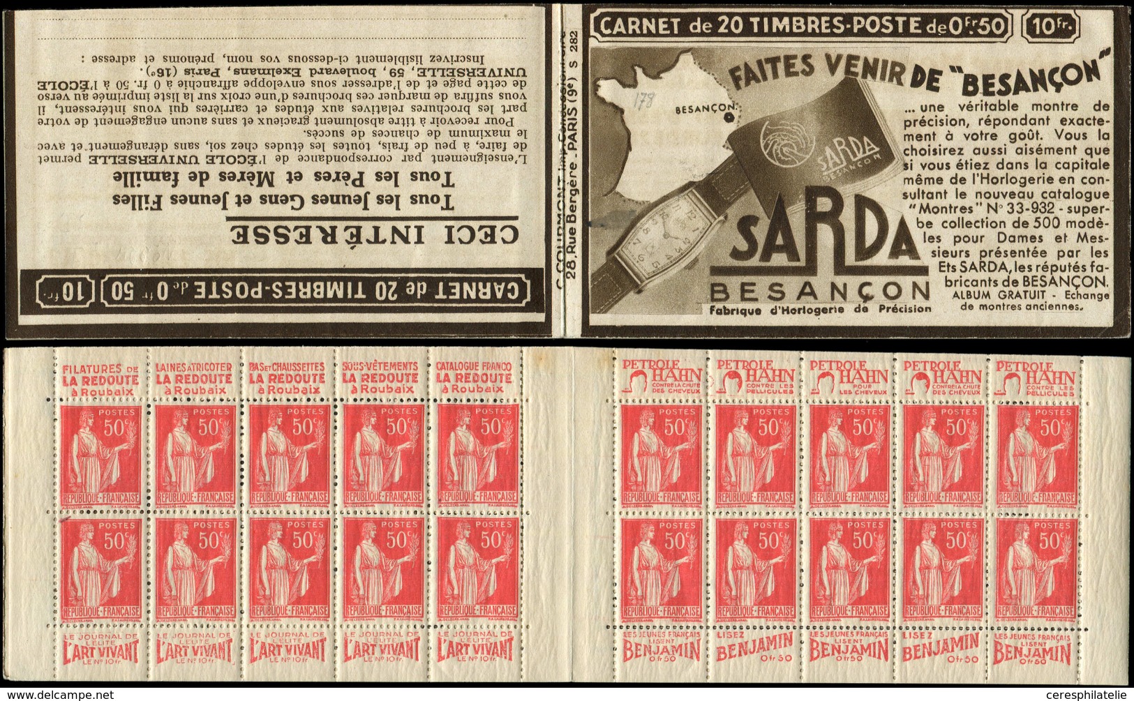 CARNETS (N°Cérès Jusqu'en1964) - 178  Paix, 50c. Rouge, N°283, T I, S. 282, SARDA, 3 Pointes De Rousseur (2 Sur Intercal - Autres & Non Classés