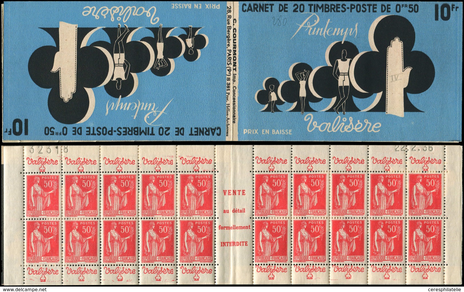 CARNETS (N°Cérès Jusqu'en1964) - 208  Paix, 50c. Rouge, N°283A, T IIA, S. 381, VAlISERE, N°32318, Daté 22/2/36 (partiels - Autres & Non Classés