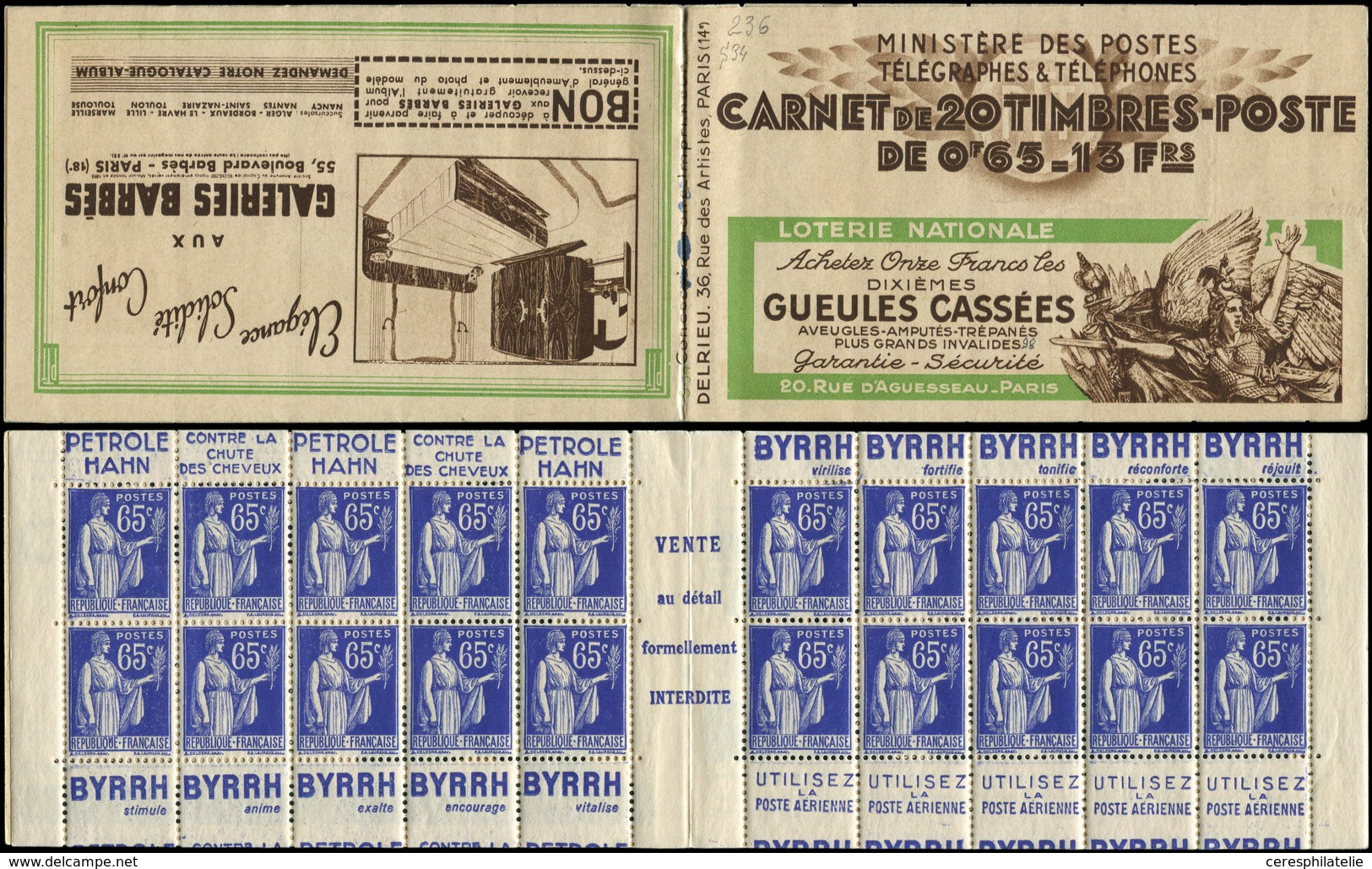 CARNETS (N°Cérès Jusqu'en1964) - 236  Paix, 65c. Bleu, N°365A, T II, S. 34, GUEULES CASSEES-GALERIES BARBES, DOUBLE Pub - Autres & Non Classés