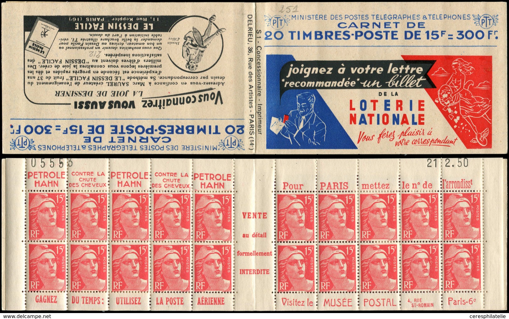 CARNETS (N°Cérès Jusqu'en1964) - 251  Gandon, 15f. Rouge, N°813A, T II, S. 1, LOTERIE NATIONALE, N°05553, Daté 21/2/50, - Autres & Non Classés