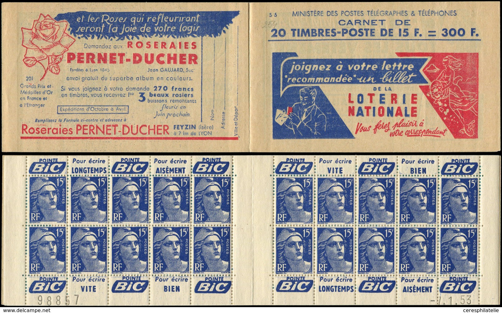 CARNETS (N°Cérès Jusqu'en1964) - 254  Gandon, 15f. Bleu, N°886A, T II, S. 5, LOTERIE NATIONALE-PERNET DUCHER, 201 GP, N° - Autres & Non Classés