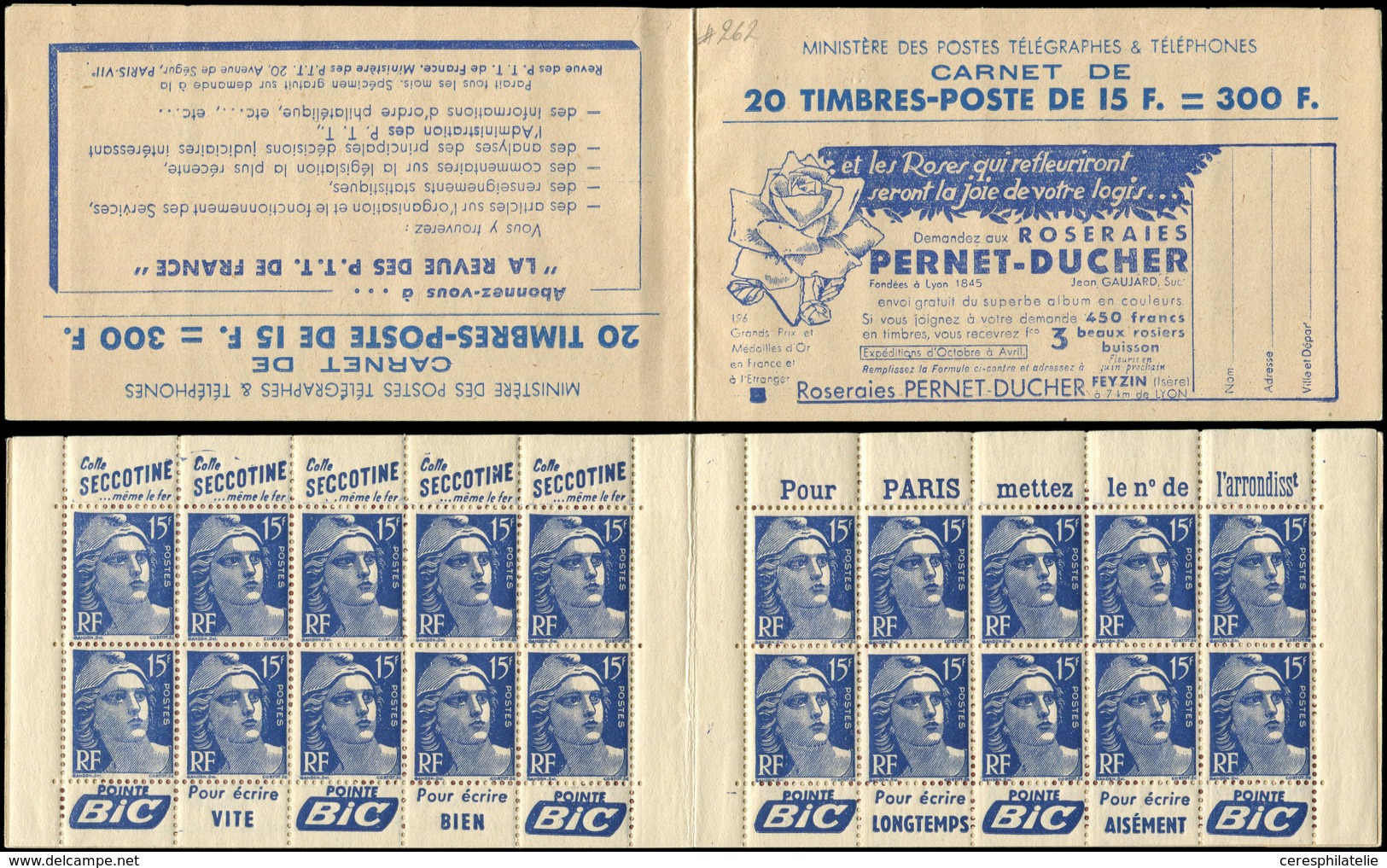 CARNETS (N°Cérès Jusqu'en1964) - 262  Gandon, 15f. Bleu, N°886A, T II, Sans N°, PERNET-DUCHER, 196GP/Revue Des PTT, Supe - Autres & Non Classés