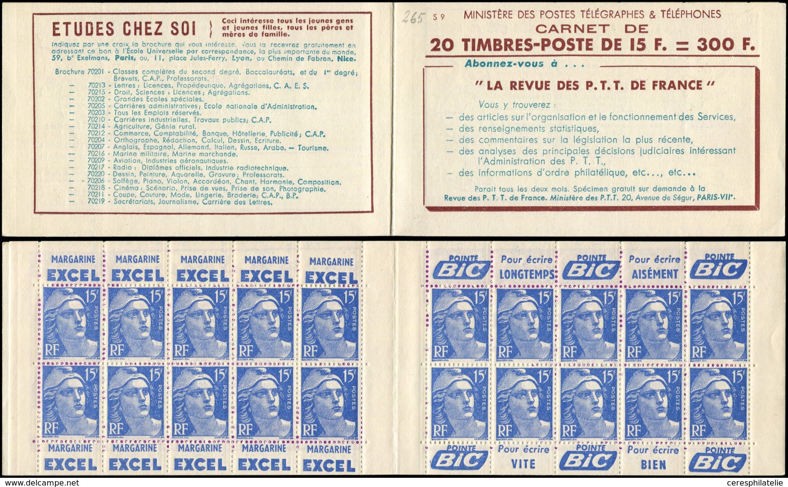 CARNETS (N°Cérès Jusqu'en1964) - 265  Gandon, 15f. Bleu, N°886, T I, S. 9, REVUE DES P.T.T., Superbe - Autres & Non Classés