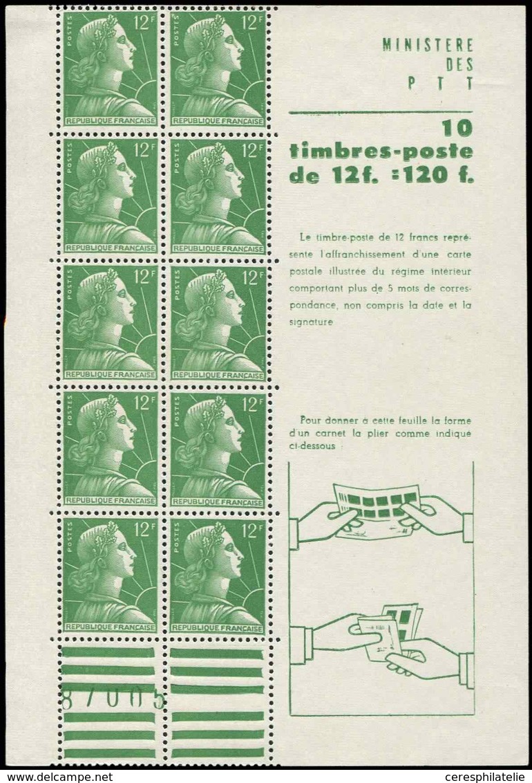CARNETS (N°Cérès Jusqu'en1964) - 279  Muller, 12f. Vert, N°1010, N°87005, TTB - Autres & Non Classés