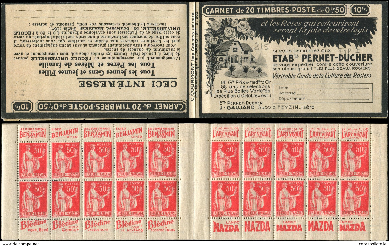 CARNETS (N°Cérès Jusqu'en1964) - 283-C6    Paix, 50c. Rouge, N°283a, T I, S. 302, PERNET-DUCHER, TB - Autres & Non Classés