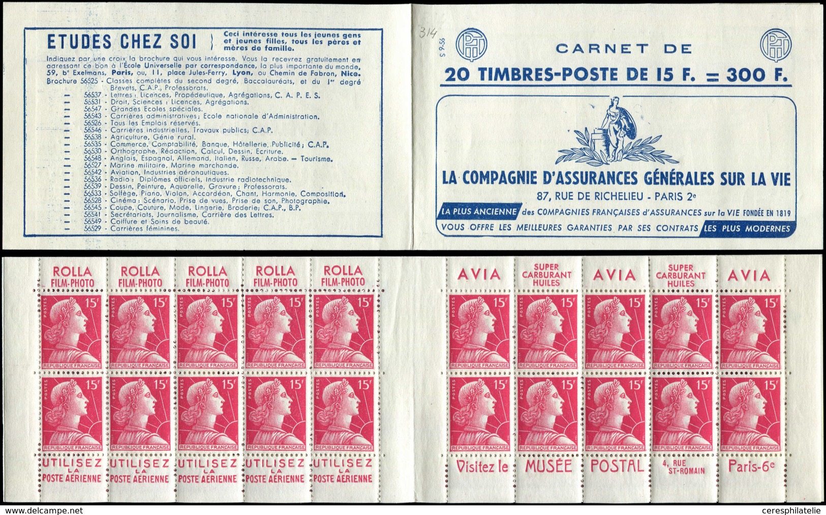 CARNETS (N°Cérès Jusqu'en1964) - 314  Muller, 15f. Rose, N°1011, S. 9-56, ASSURANCES VIE, Superbe - Autres & Non Classés