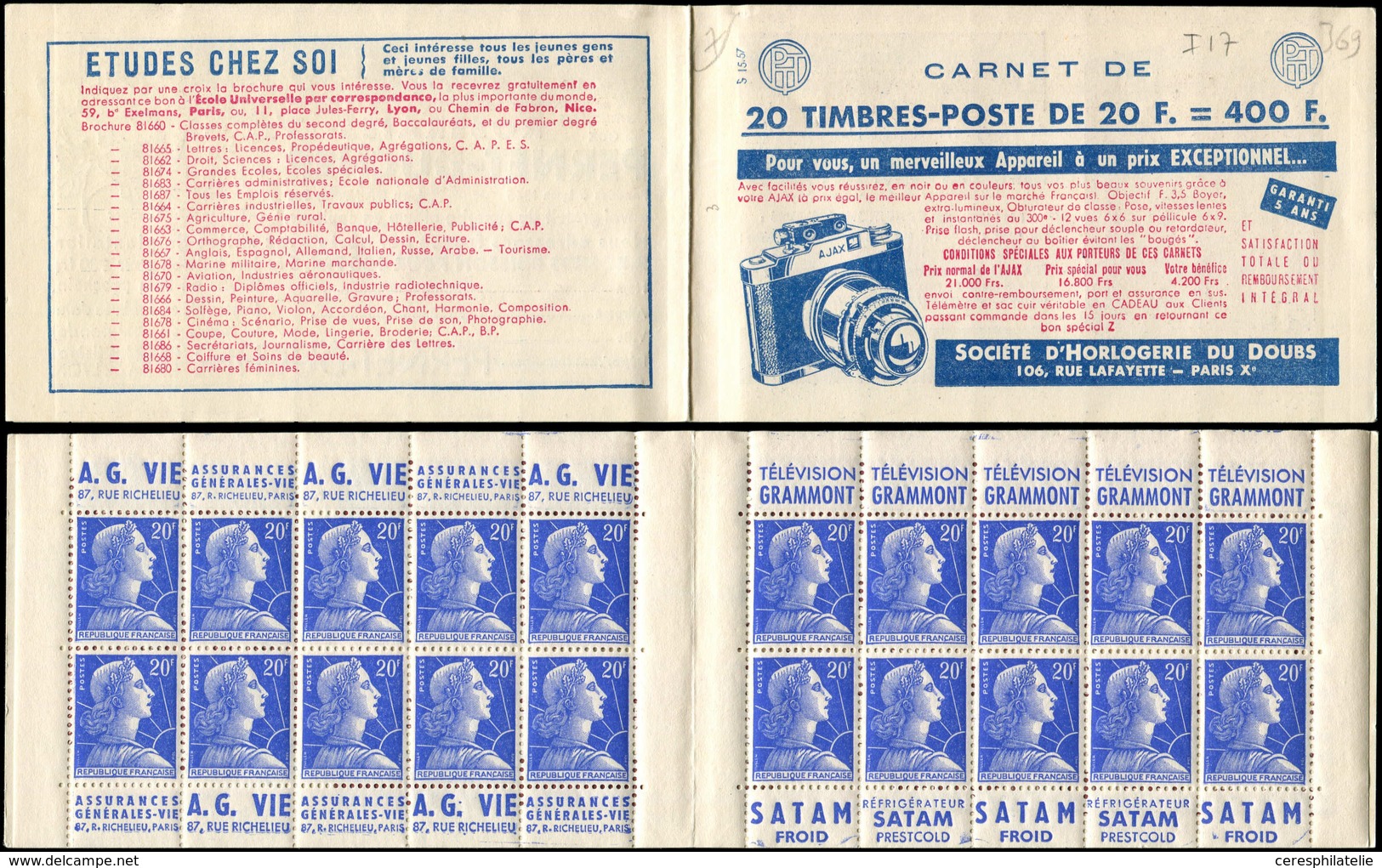 CARNETS (N°Cérès Jusqu'en1964) - 321  Muller, 20f. Bleu, N°1011B, T I, S. 15-57, HORLOGERIE DU DOUBS Ajax, TB - Autres & Non Classés