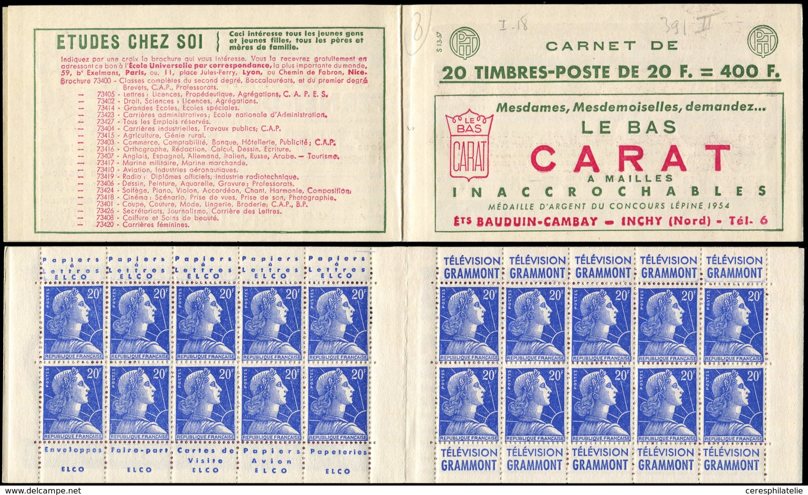 CARNETS (N°Cérès Jusqu'en1964) - 357  Muller, 20f. Bleu, N°1011BB, T II, S. 13-57, CARAT, TB - Autres & Non Classés