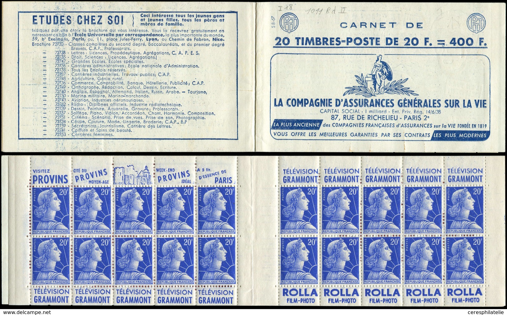 CARNETS (N°Cérès Jusqu'en1964) - 358  Muller, 20f. Bleu, N°1011BB, T II, S. 8-57, ASSURANCES VIE, TB - Autres & Non Classés