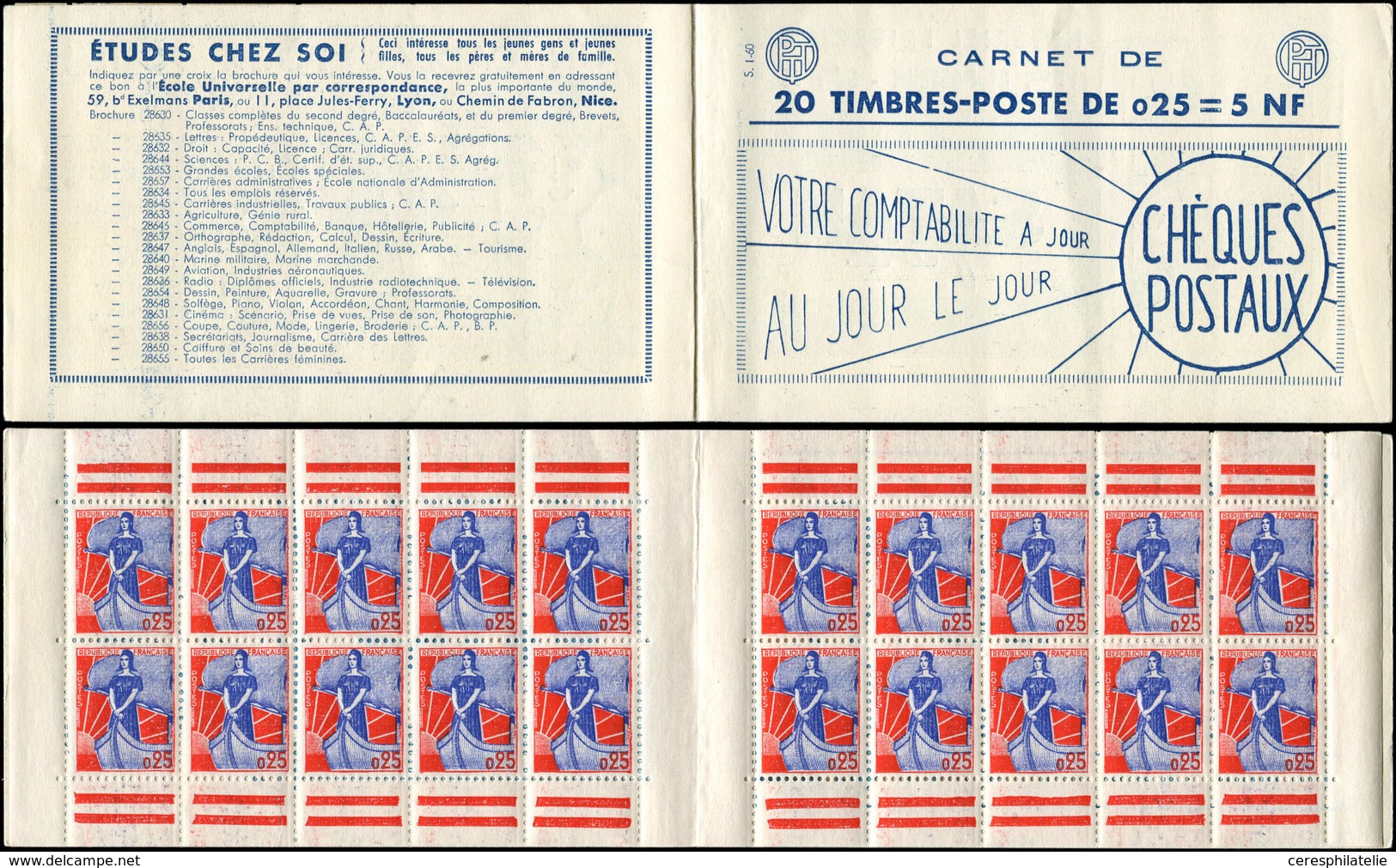 CARNETS (N°Cérès Jusqu'en1964) - 364  Marianne à La Nef, 0,25 Bleu Et Rouge, N°1234, T I, S. 1-60, CHEQUES POSTAUX, TB - Autres & Non Classés