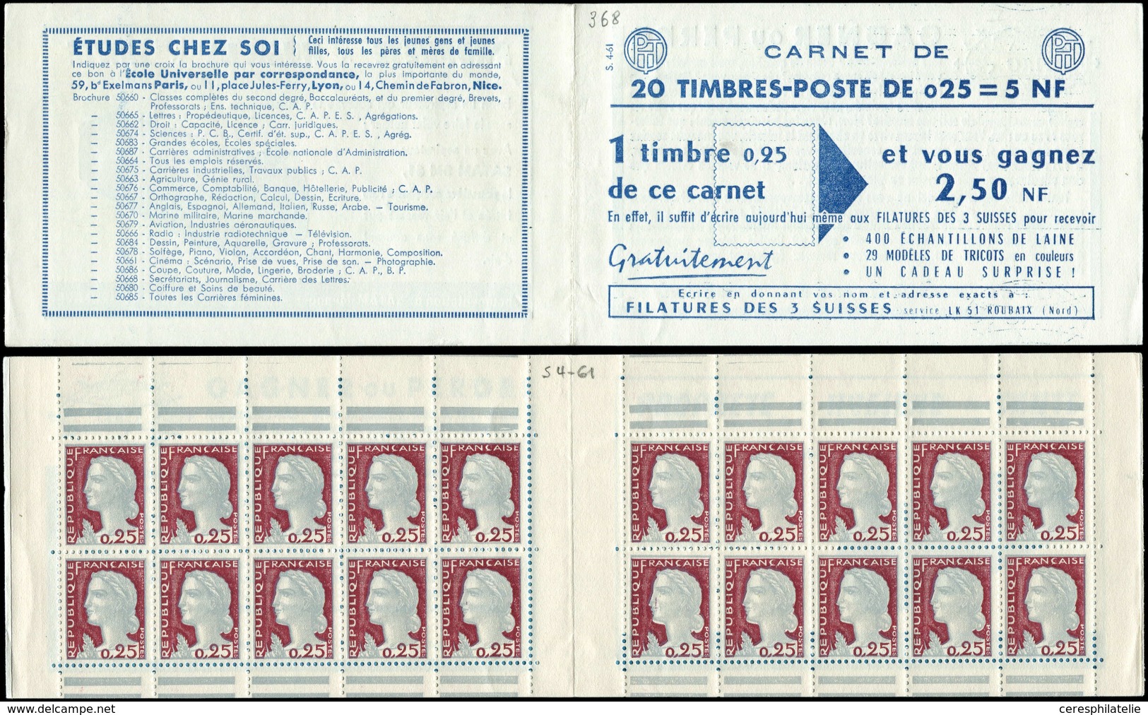 CARNETS (N°Cérès Jusqu'en1964) - 1263-C3    Marianne De Decaris, 0,25 Gris Et Grenat, N°1263e, T I, S. 4-61, 3 SUISSES, - Autres & Non Classés