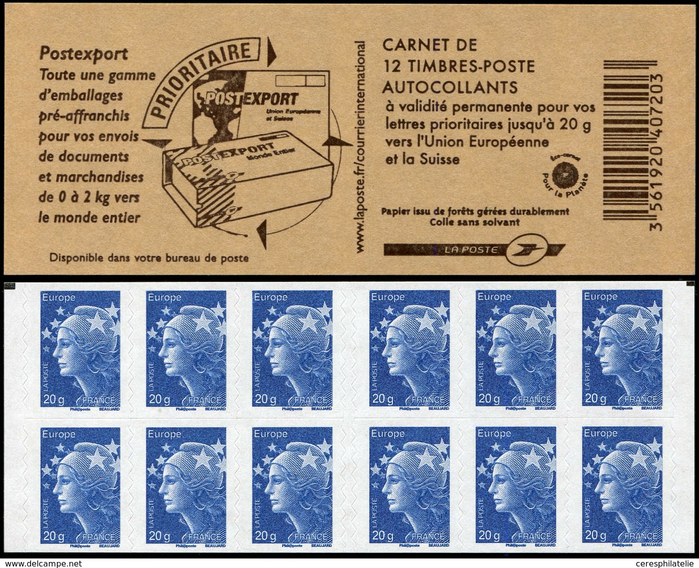 CARNETS (N°Cérès Jusqu'en1964) - Carnets Adhésifs 592-C2 Beaujard, 20g. Bleu, Europe, 2ème Tirage Avec 2 Carrés Noirs, T - Autres & Non Classés
