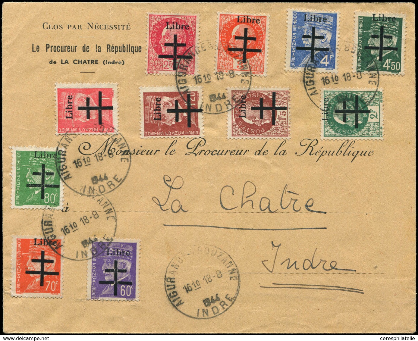 Let TIMBRES DE LIBERATION - AIGURANDE 1/11 : Série Obl. Càd 18/8/44 Sur Env., TB - Libération