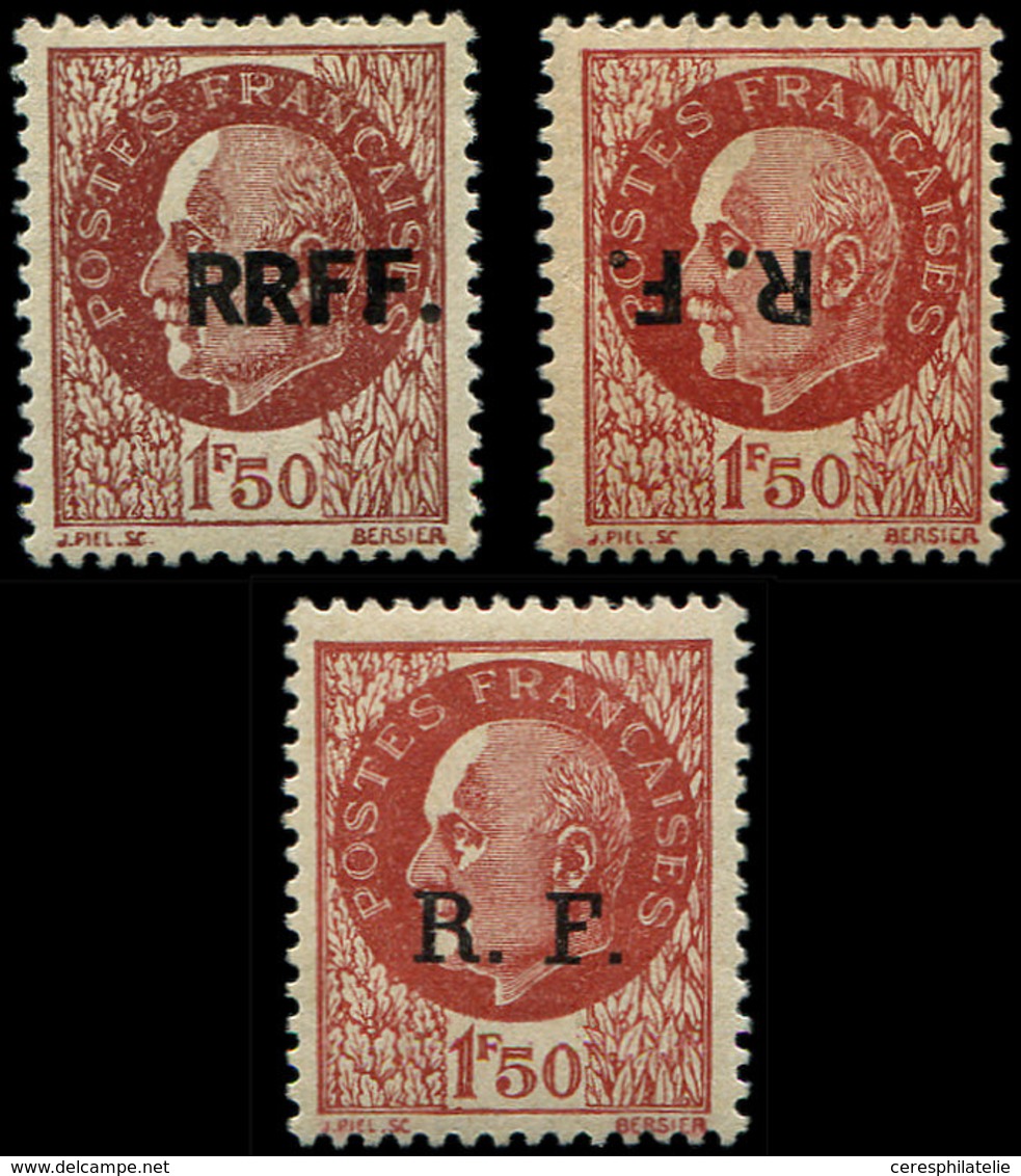 ** TIMBRES DE LIBERATION - BORDEAUX 6 : 1f50 Brun-rouge, 2 Ex. T III DOUBLE SURCHARGE Et SURCHARGE RENVERSEE + 1 Ex. T I - Libération