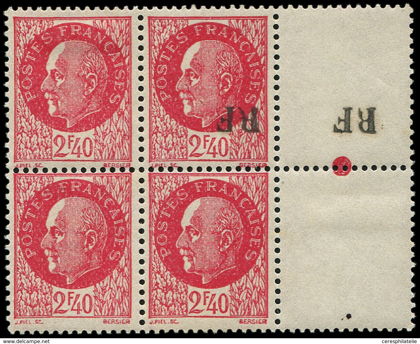 ** TIMBRES DE LIBERATION - CHATELLERAULT 8 : 2f40 Rouge, Surcharge RENVERSEE Dans Un BLOC De 4 Bdf, 3 Ex. Sans Surcharge - Libération