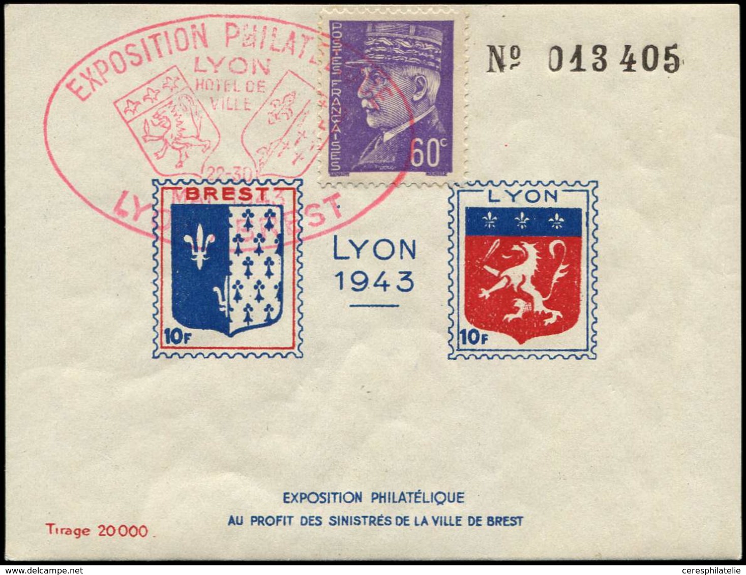 ** TIMBRES DE LIBERATION - LYON Bloc Lyon 1943, Pour Les Sinistrés De Brest, Avec Cachet Expo Philat., TB - Libération