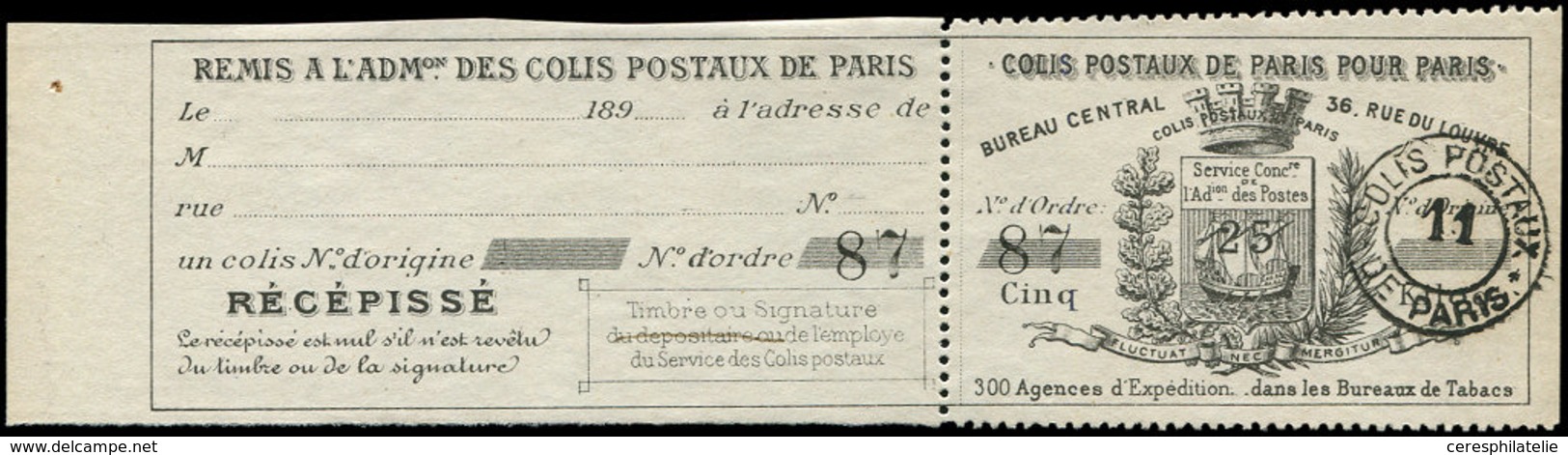 COLIS POSTAUX DE PARIS  (N° Et Cote Maury) - Colis Postaux De Paris 25c. Noir, Type Armoiries De 1892 Avec Récépissé "RE - Autres & Non Classés