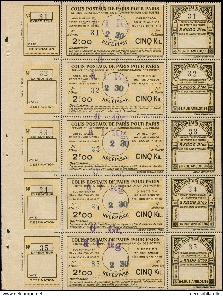 ** COLIS POSTAUX DE PARIS  (N° Et Cote Maury) - Colis Postaux De Paris 140A : 2f. Jaune Surch. Og à 1Kg, Feuillet De 5,  - Autres & Non Classés