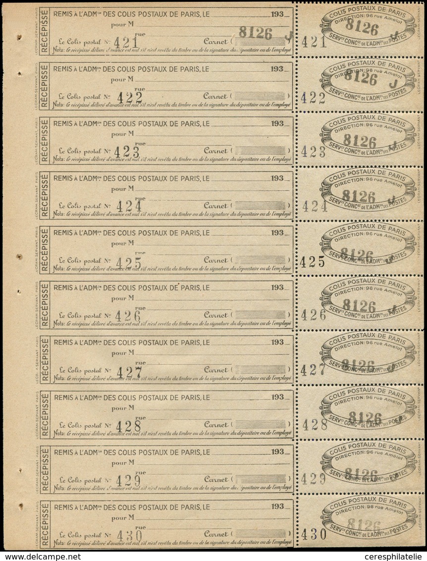 ** COLIS POSTAUX DE PARIS  (N° Et Cote Maury) - Colis Postaux De Paris 169 : Noir Sur Blanc, Feuillet De 10, TB - Autres & Non Classés