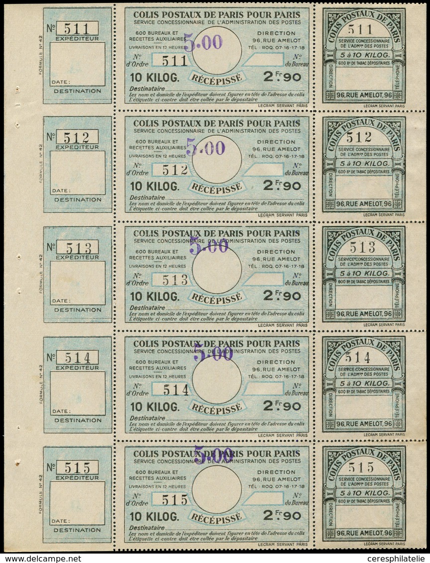 ** COLIS POSTAUX DE PARIS  (N° Et Cote Maury) - Colis Postaux De Paris 197 : 5,00 Sur 2f90 Bleu, Feuillet De 5, TB - Autres & Non Classés