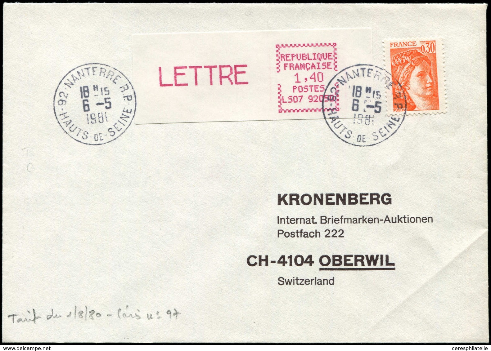 Let Spécialités Diverses - L.S.A. 97 : LS07 92050, LETTRE 1,40 Et 0,30 Orange Obl. NANTERRE 6/5/81 S. Env. Pour La SUISS - Autres & Non Classés