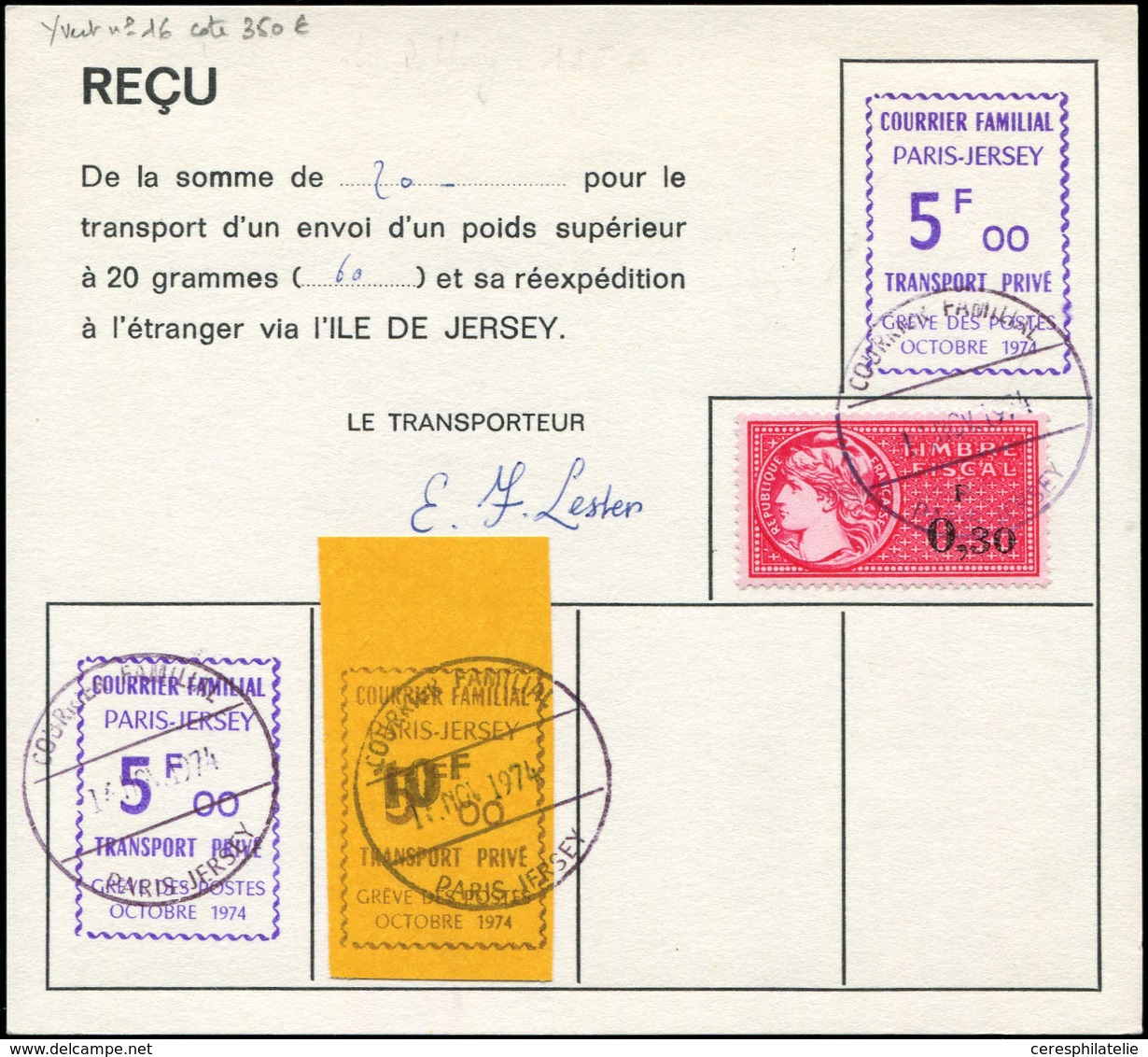 Let Spécialités Diverses - TIMBRES DE GREVE, PARIS-JERSEY 16 : 10f. S. 5f00 Vert Obl. 14/11/74 Sur Reçu Avec 2 Timbres à - Autres & Non Classés