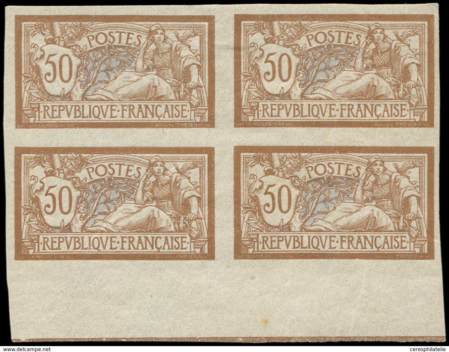 ** VARIETES - 120a  Merson, 50c. Brun Et Gris, BLOC De 4 NON DENTELE, Bdf, 2 Ex. *, TB - Neufs