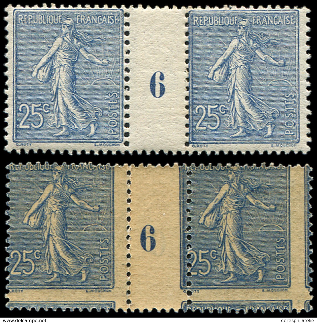 ** VARIETES - 132h  Semeuse Lignée, 25c. Bleu, IMPRESSION Au RECTO ET Au VERSO, PAIRE Mill.6, TB, RRR, N° Maury - Unused Stamps