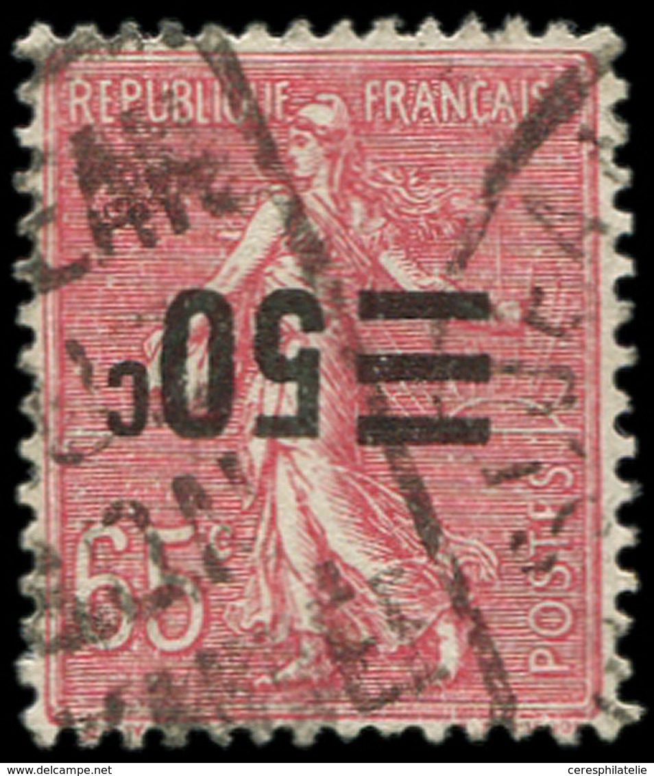 VARIETES - 224b  Semeuse Lignée, 50c. S. 65c. Rose, Surcharge RENVERSEE, Obl., RRR, TB, Certif. P. Scheller - Neufs