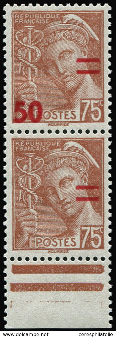 ** VARIETES - 477   Mercure, 50 S. 75c. Brun-rouge, BARRES SEULES Bdf Tenant à Surcharge Très DEPLACEE *, TB - Neufs