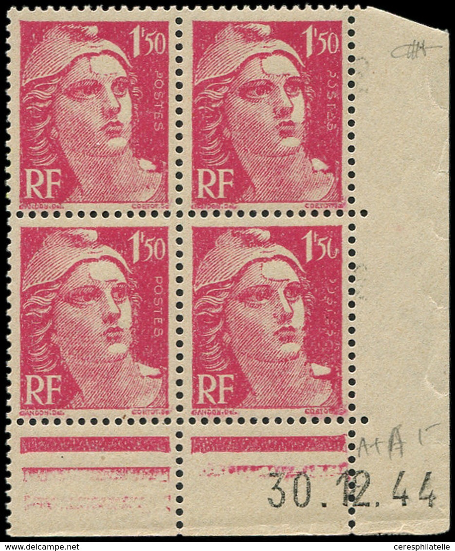 ** VARIETES - 712   Gandon,  1f.50 Rose, BLOC De 4 CD 30/12/44, Tirage Rare, TB - Neufs