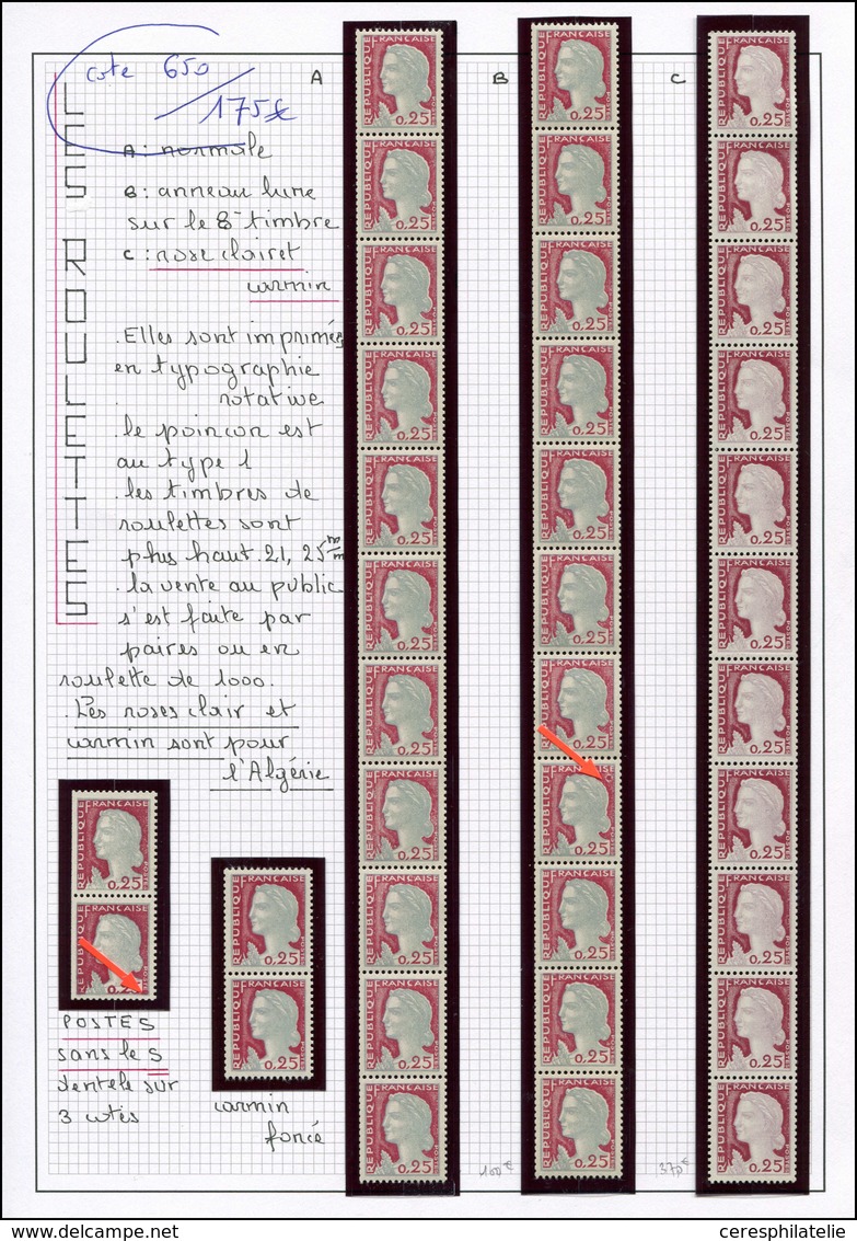 ** VARIETES - 1263   Marianne De Decaris, 0,25 Gris Et Grenat, 3 BANDES De 11 Avec  + 2 Paires De Roulettes Avec Variété - Neufs