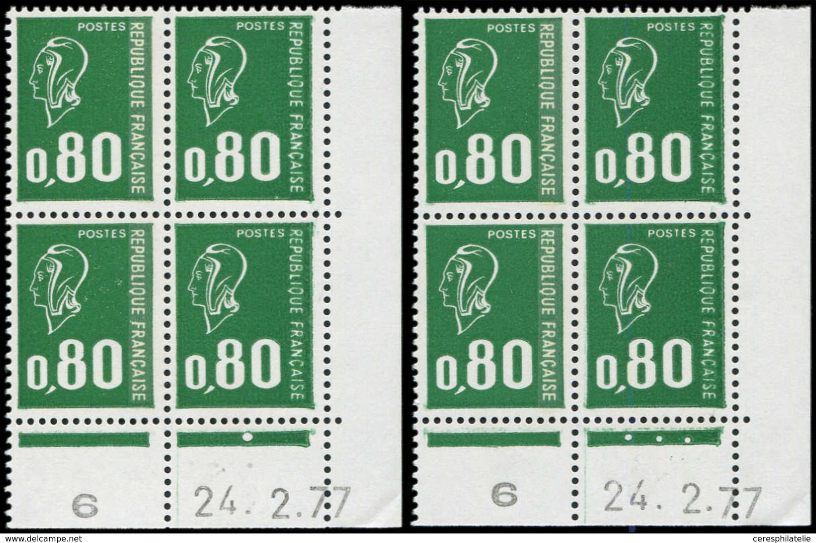 ** VARIETES - 1891d  Béquet, 0,80 Vert Typo, SANS PHOSPHO, 4 Ex. Dans 2 BLOCS De 4 CD 24/2/77 En PAIRES De Galvano, RR,  - Neufs