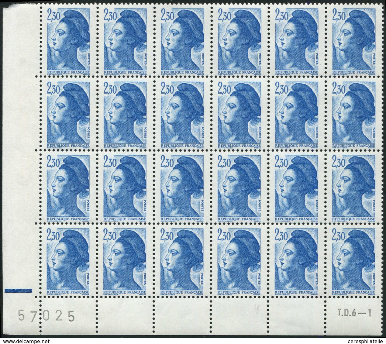 ** VARIETES - 2189a  Liberté, 2,30 Bleu, SANS PHOSPHO, BLOC De 24 Cdf TD6-1, N°57025 + RE, TB. C - Neufs