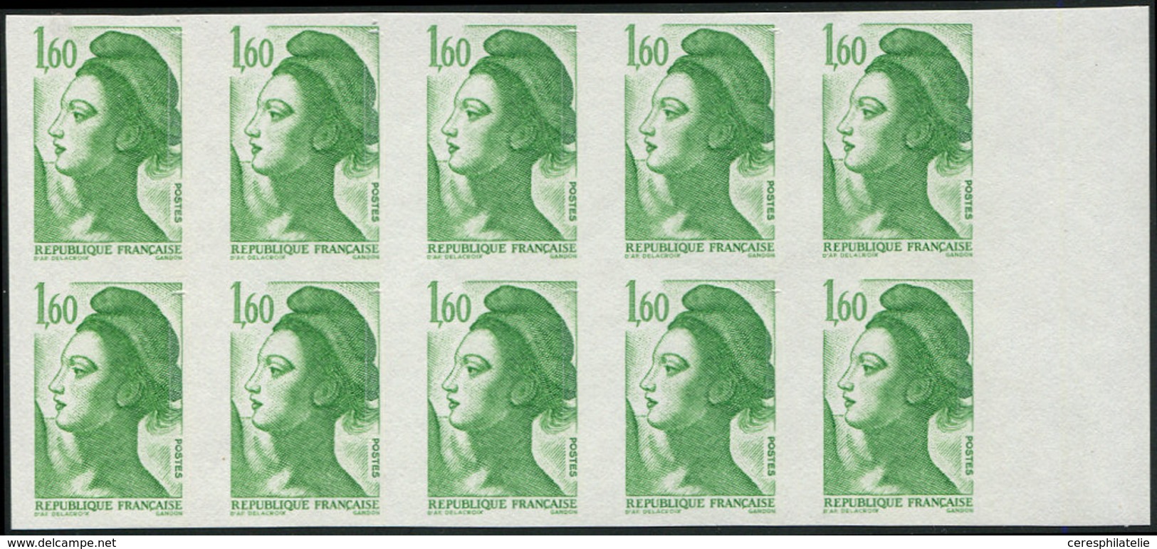 ** VARIETES - 2219   Liberté, 1,60 Vert, NON DENTELE Accidentel, BLOC De 10 Bdf, R Et TB - Neufs