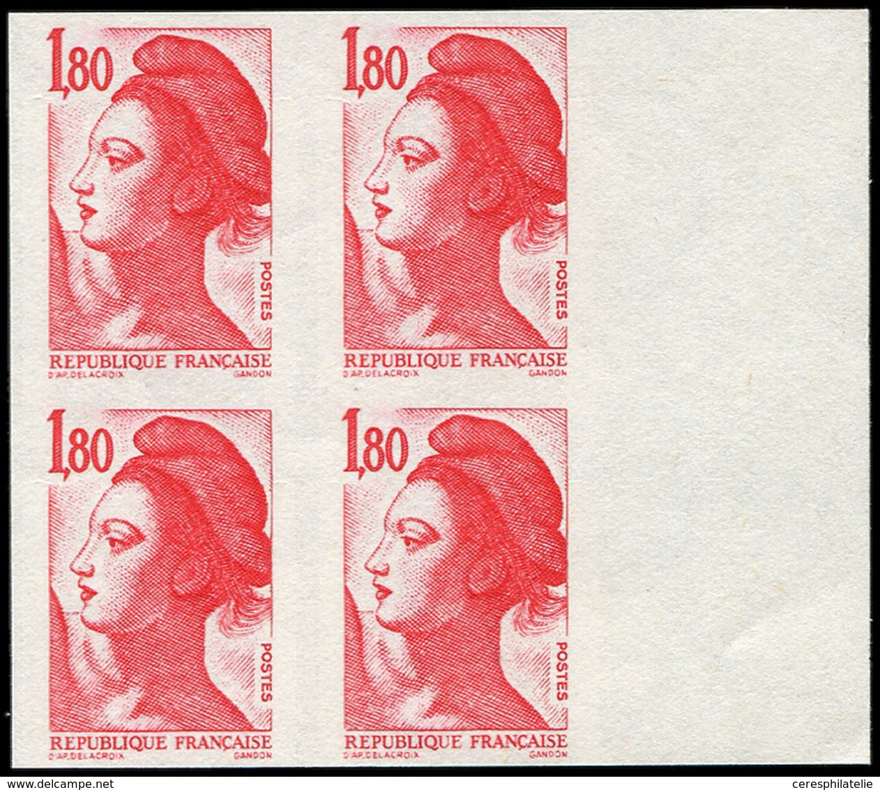 ** VARIETES - 2220   Liberté, 1,80 Rouge, NON DENTELE Accidentel, BLOC De 4 Bdf, TB - Neufs