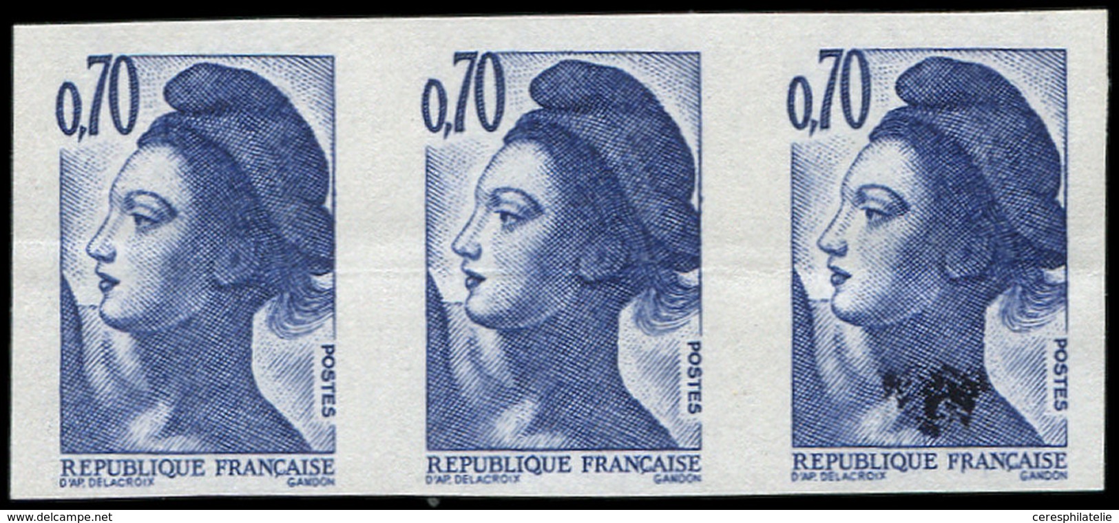 ** VARIETES - 2240   Liberté, 0,70 Bleu-violet, NON DENTELE Accidentel SANS PHOSPHO, BANDE De 3 Un Ex. VARIETE D'ENCRAGE - Neufs