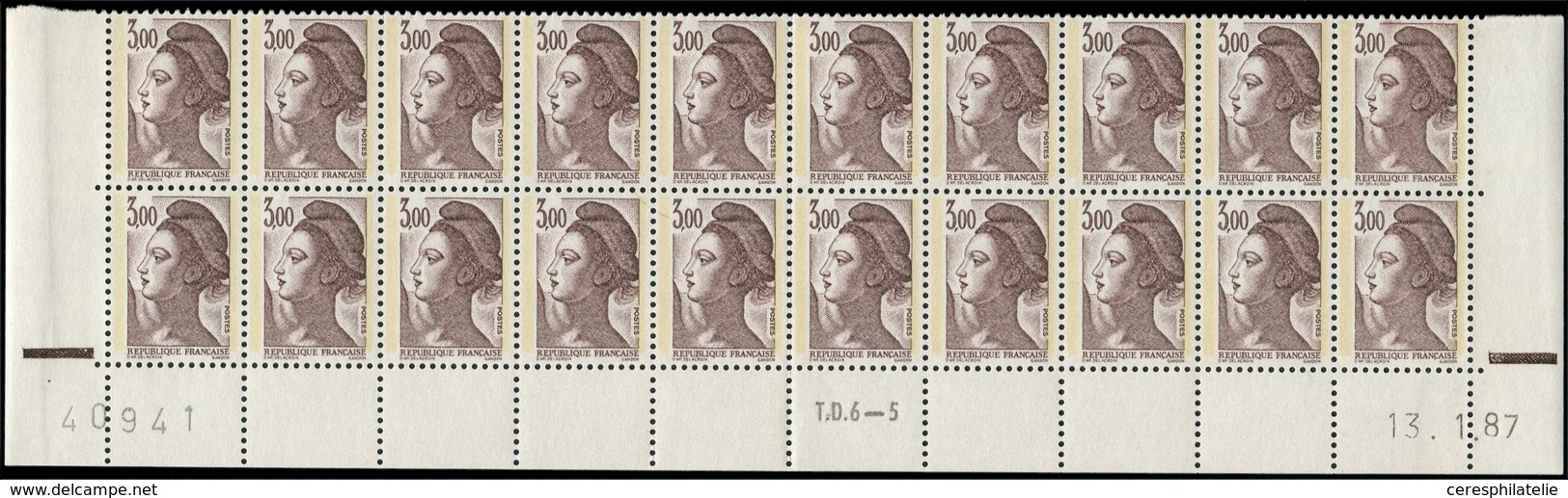 ** VARIETES - 2243   Liberté, 3,00 Brun-violet, Papier WHILEY, BLOC De 20 Bas De Feuille TD6-5, CD 18/1/87 + RE, TB - Neufs