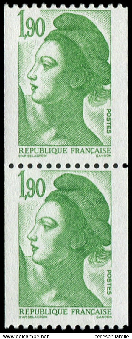 ** VARIETES - 2426a  Liberté, 1,90 Vert De Roulette, SANS PHOSPHO, PAIRE Un Ex. N° Rouge, TB - Neufs