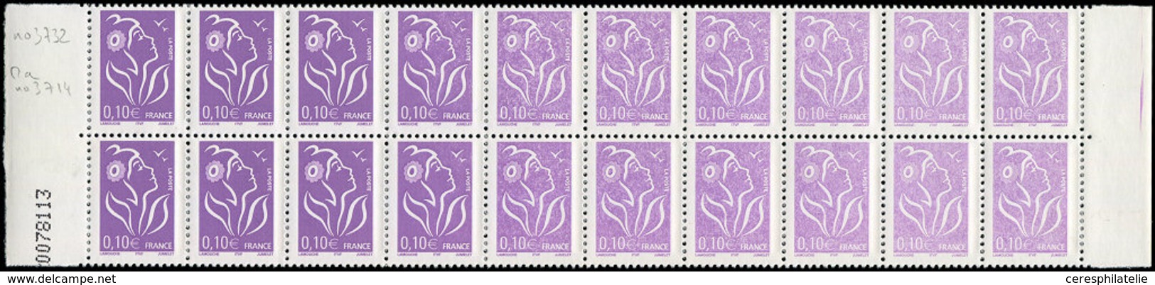 ** VARIETES - 3732a  Lamouche, 0,10 Violet-rouge, ITVF, BLOC De 20 Avec Bords, Impression DETRUITE Allant à Normale, TB. - Neufs