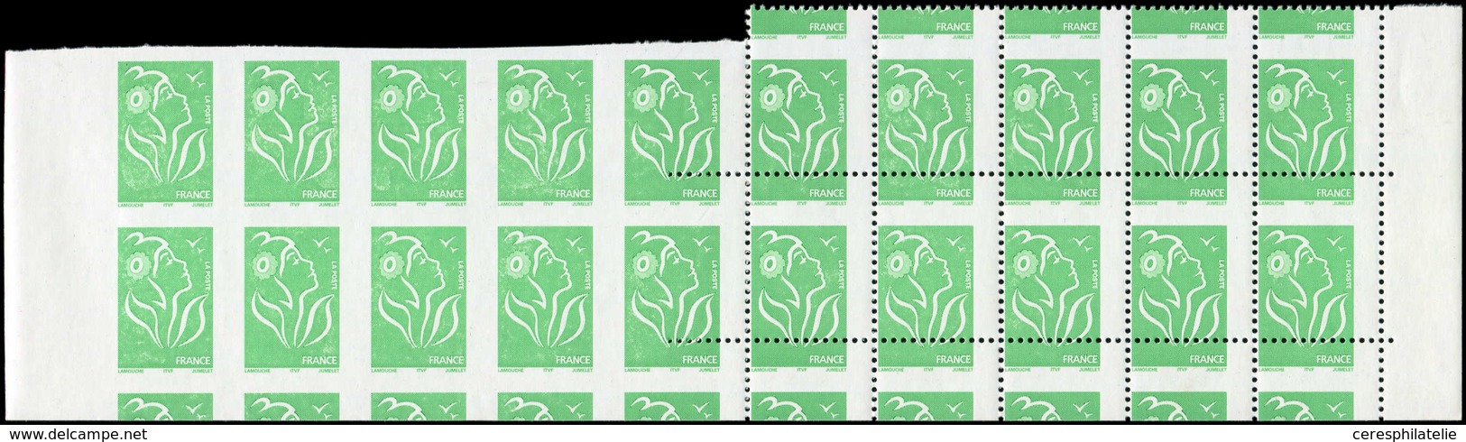 ** VARIETES - 3733   Lamouche, TVP Vert ITVF, BLOC De 20 Avec Bords, 8 Ex. NON DENTELES, 2 Ex. Variété De PIQUAGE, 10 Ex - Neufs