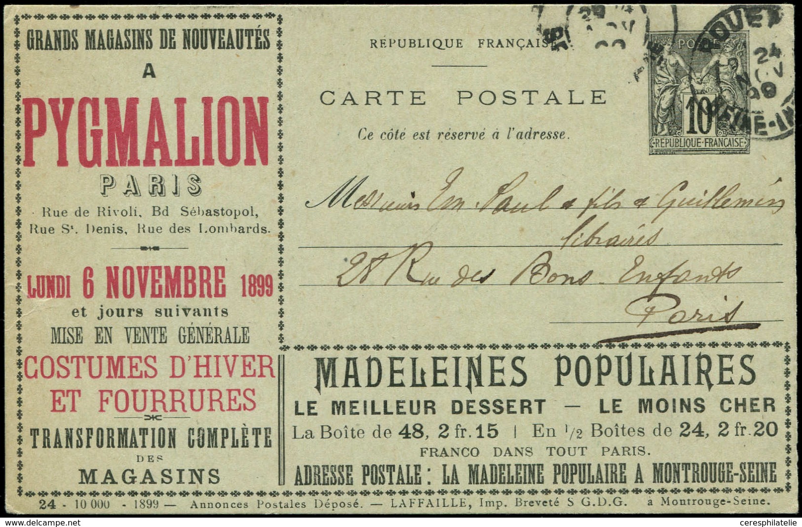 Let ENTIERS POSTAUX - Sage, 10c. Noir, CP TSC N°G35g13, Laffaille, S. 24, Obl. ROUEN 24/11/99, TB - Altri & Non Classificati