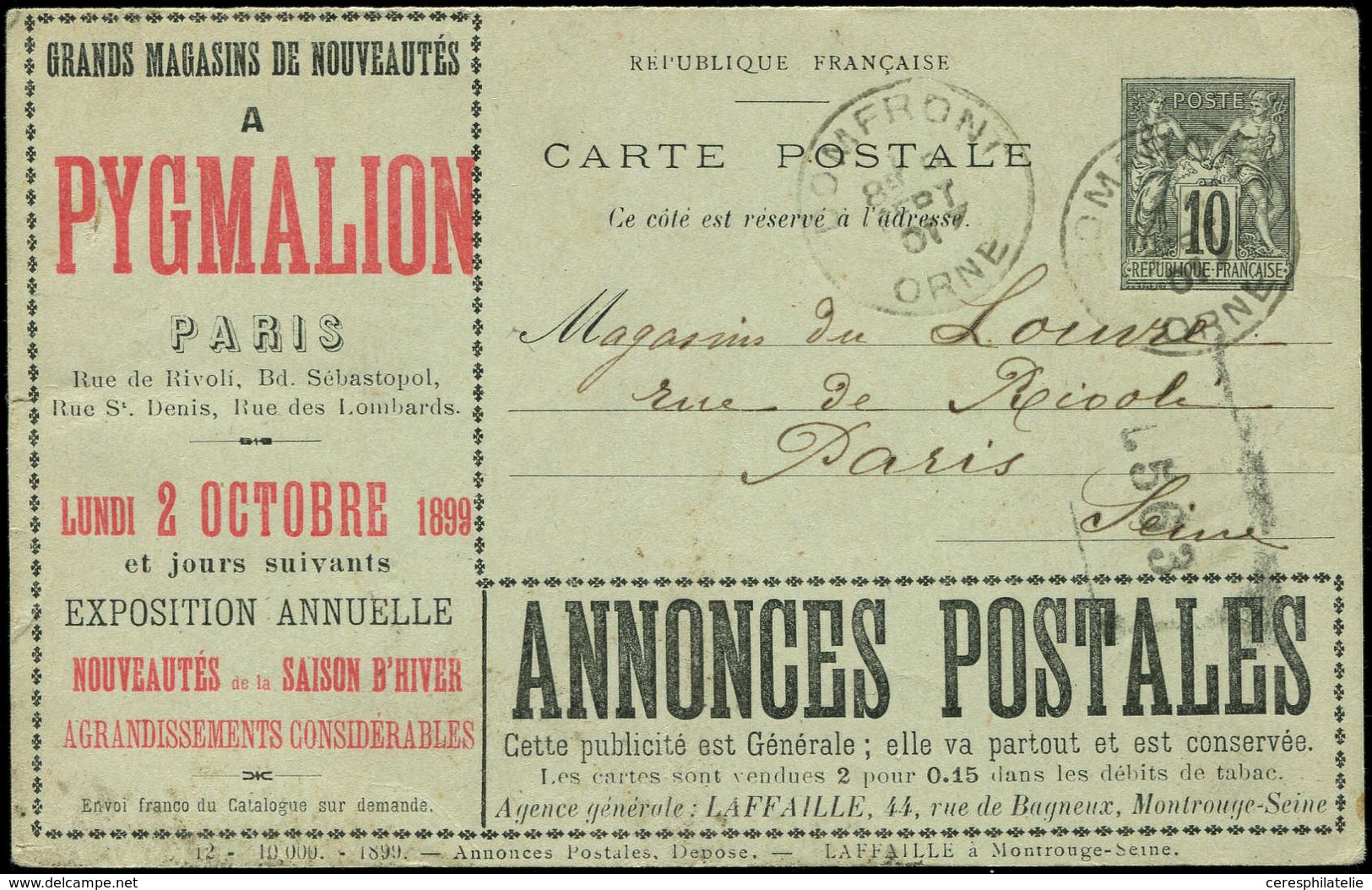 Let ENTIERS POSTAUX - Sage, 10c. Noir, CP TSC N°G35g3, Lafaille, S. 12, Obl. DOMFRONT 9/9/01, TB - Autres & Non Classés