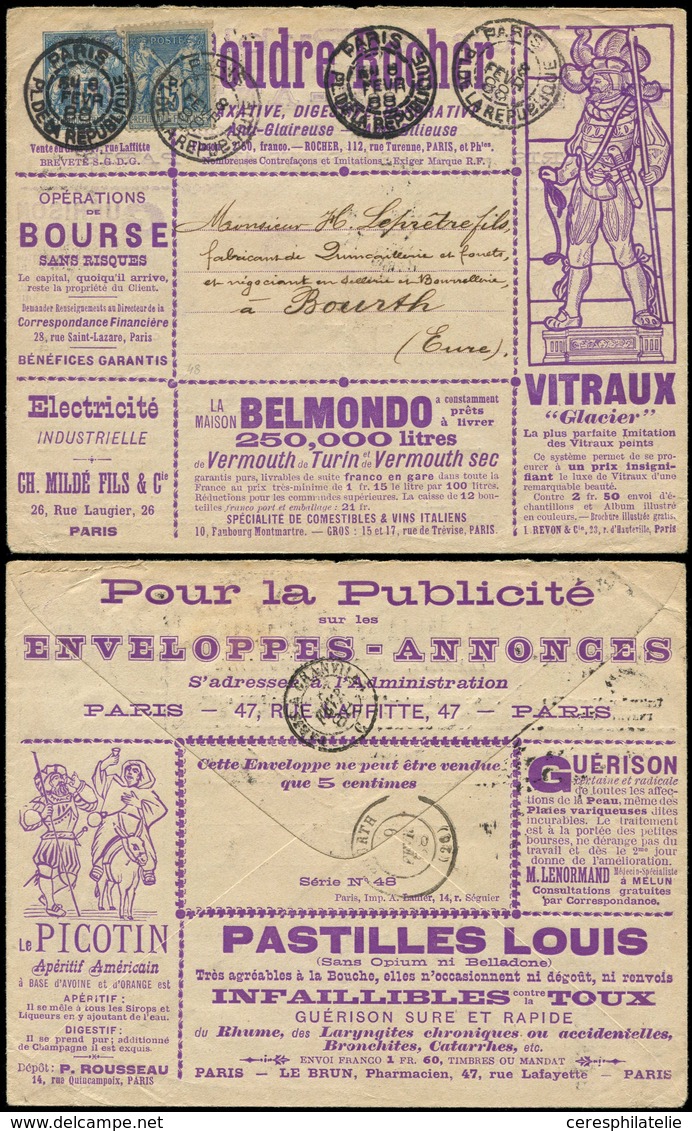 Let ENTIERS POSTAUX - Sage, 15c. Bleu, Env. Annonces TSC N°J78j, S. 48, Affr. N°90, Obl. PARIS 8/2/88, Arr. BOURTH Le 9/ - Autres & Non Classés