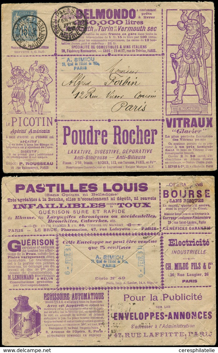 Let ENTIERS POSTAUX - Sage, 15c. Bleu, Env. Annonces TSC N°78k, S. 49, Obl. PARIS, TB - Autres & Non Classés