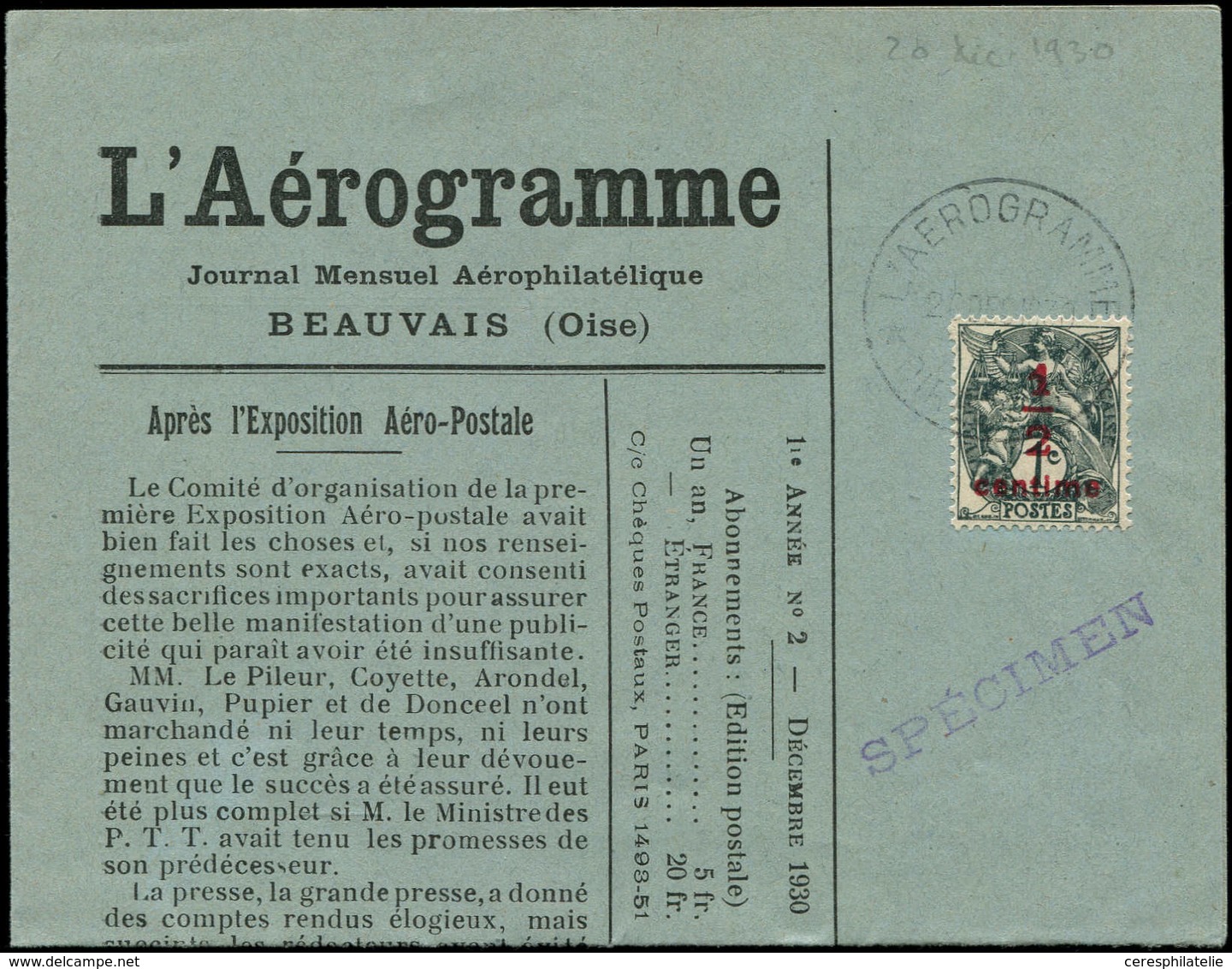 Let LETTRES DU XXe SIECLE - N°157 Blanc, 1/2c. Sur 1c. Gris Noir Obl. L'AEROGRAMME 20/12/30 S. Journal L'AEROGRAMME, Cac - Lettres & Documents