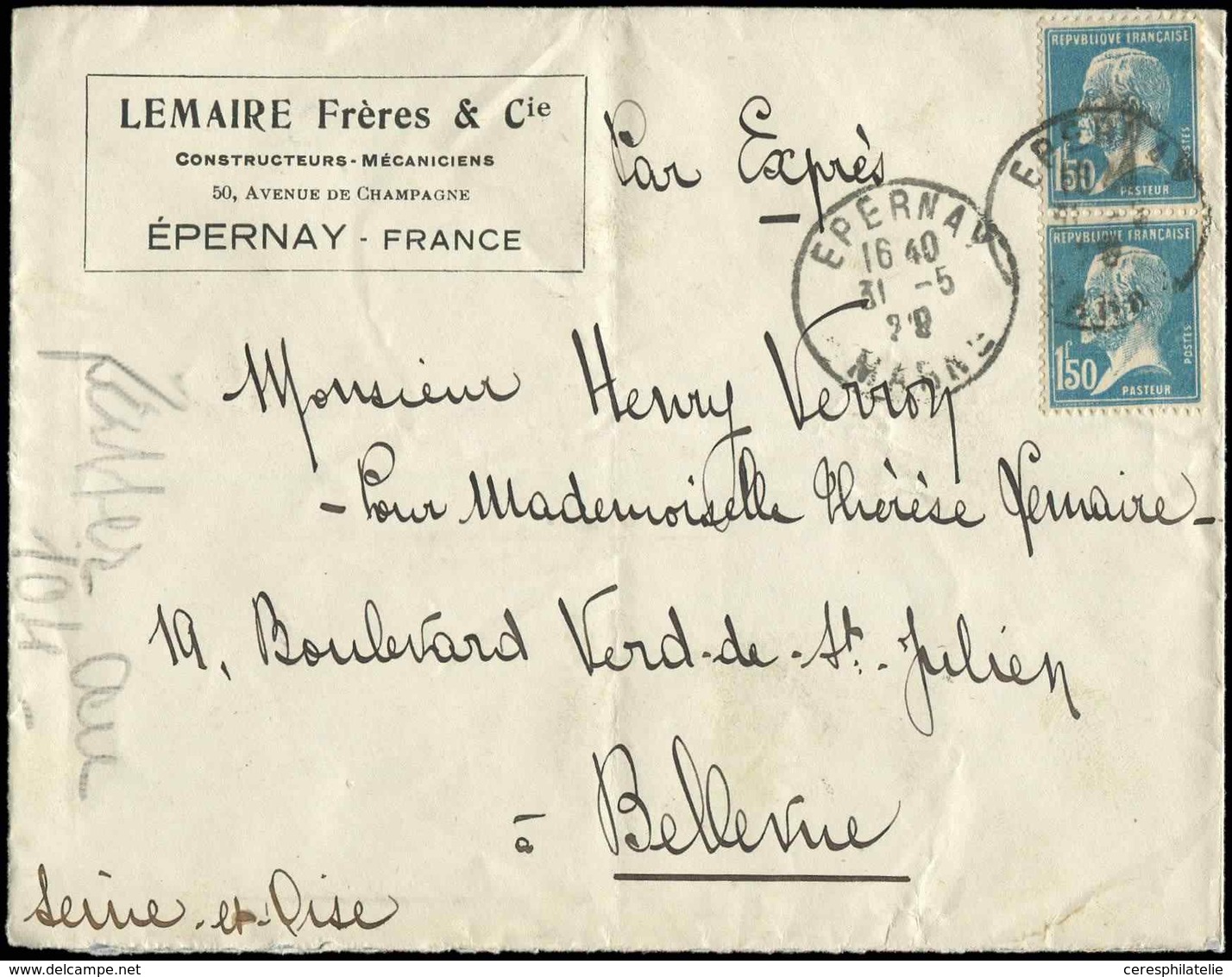 Let LETTRES DU XXe SIECLE - N°181 PAIRE Obl. EPERNAY 31/5/29 S. Env. "Par Exprès", TB - Lettres & Documents